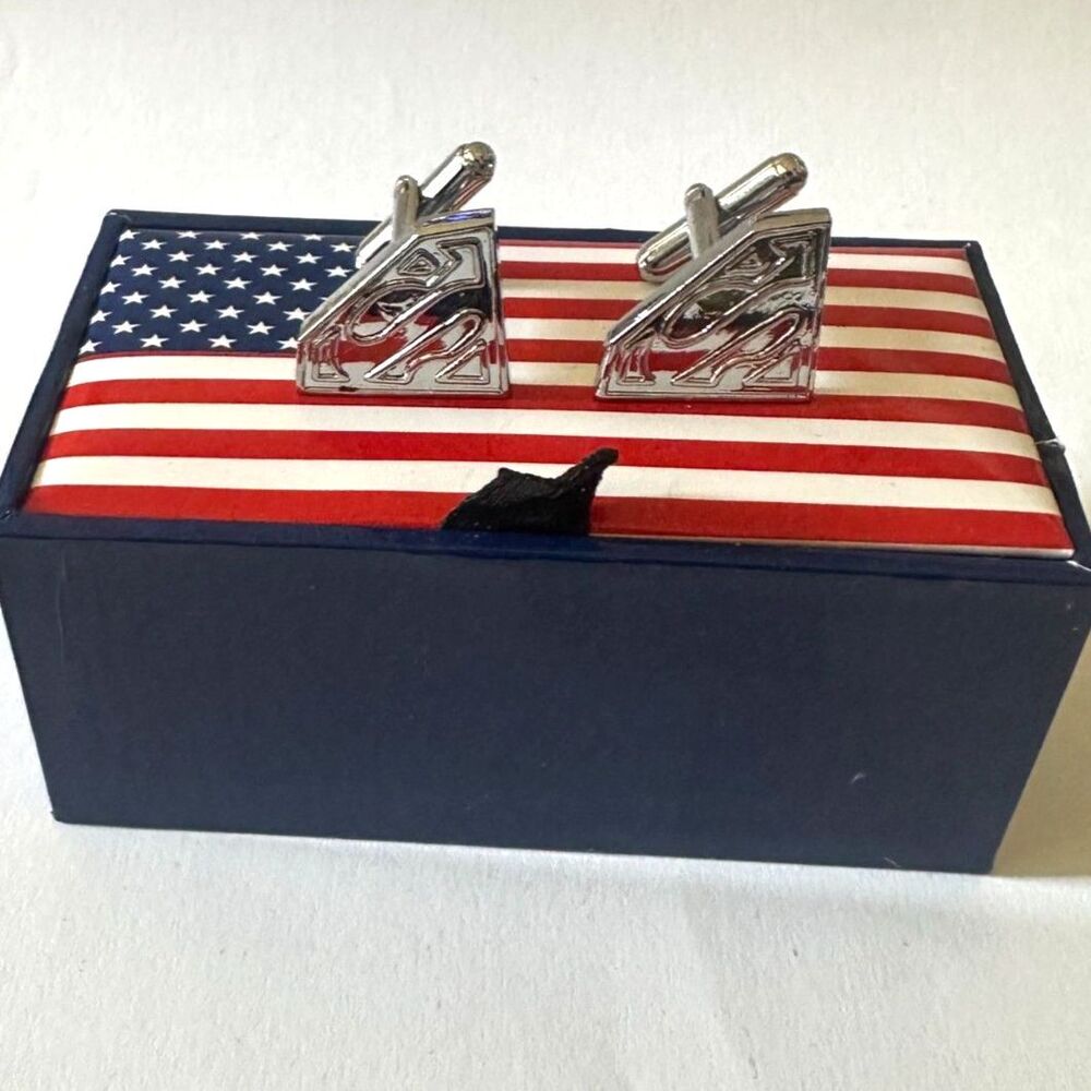 Superman "S" Shield Silver Toned Embossed Cufflinks — USA Gift Box